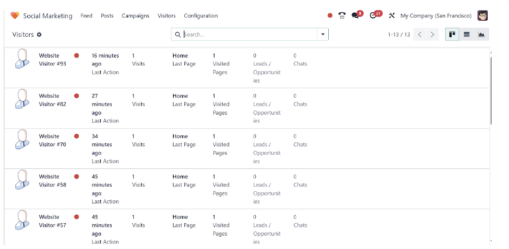 Odoo website visitors list showing last action, visits, pages viewed and leads per visitor