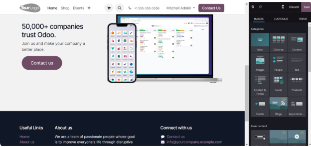 Odoo website builder editing a storefront home page with the drag-and-drop blocks panel open
