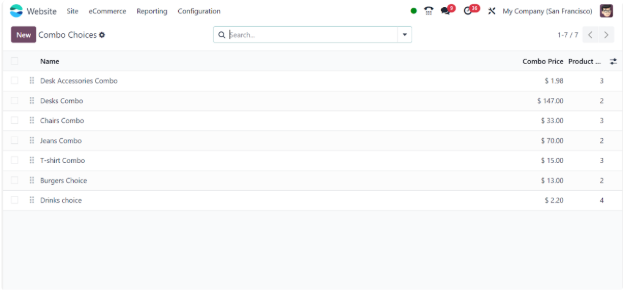 Odoo eCommerce combo choices list with combo prices and the number of products in each