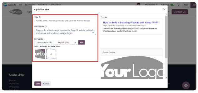 Odoo Optimize SEO dialog with page title, meta description, keywords and a search result preview