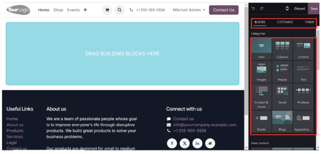 Odoo website builder with an empty drop area and unsaved changes ready to save or discard