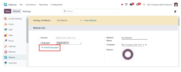 Odoo website settings showing the installed languages of a site and the install languages link