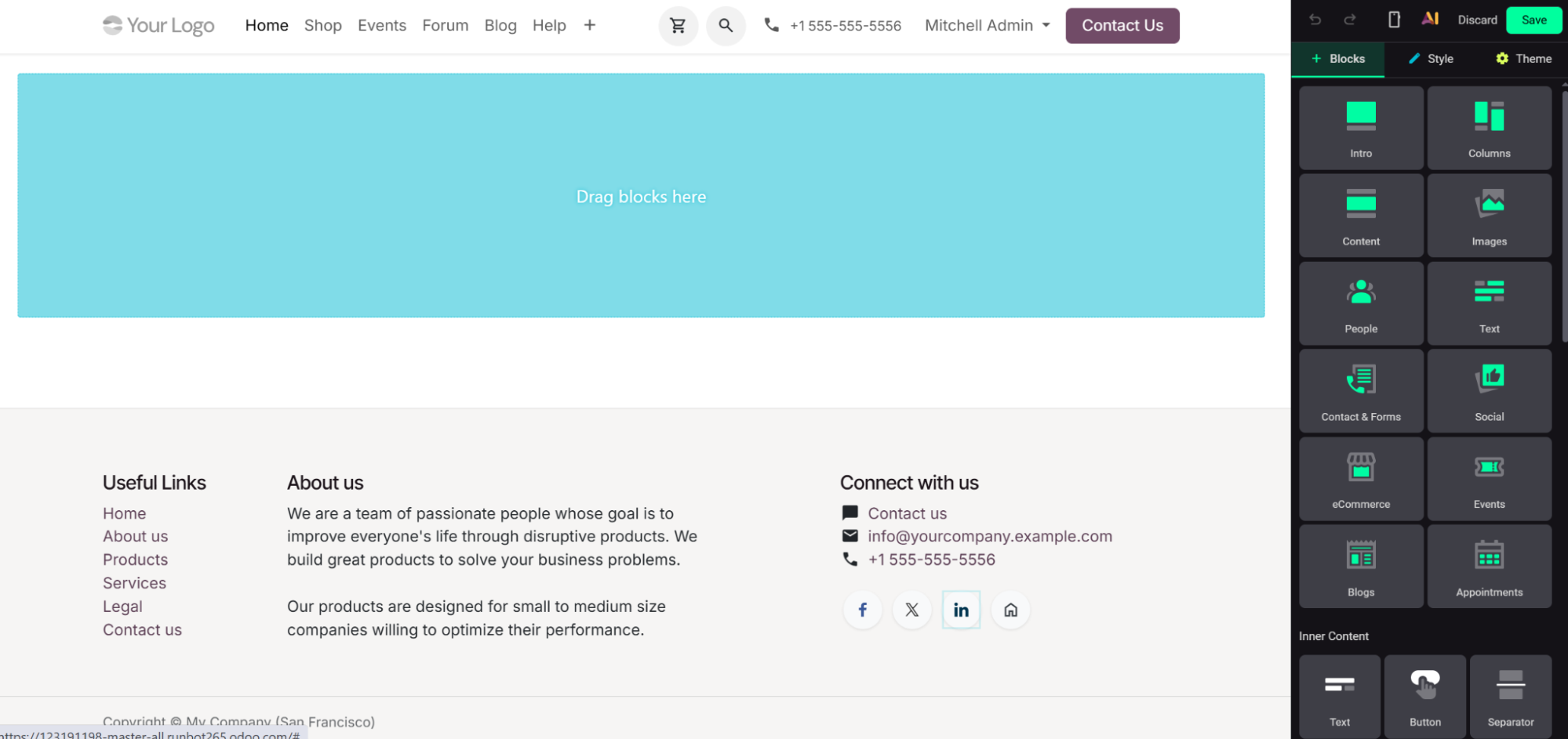 Odoo website builder editing a storefront page with the drag-and-drop blocks panel open, showing the intro, columns, content, images and eCommerce block categories