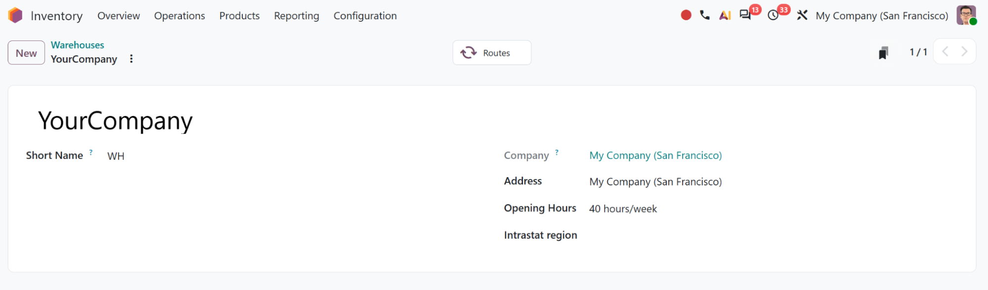 Odoo Inventory warehouse record showing the warehouse short name, company, address, opening hours and Intrastat region