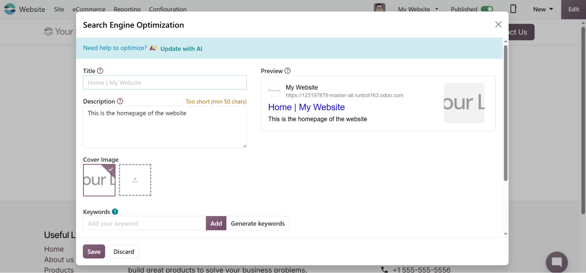 Odoo Search Engine Optimization dialog with page title, meta description, cover image, keywords and a live search-result preview