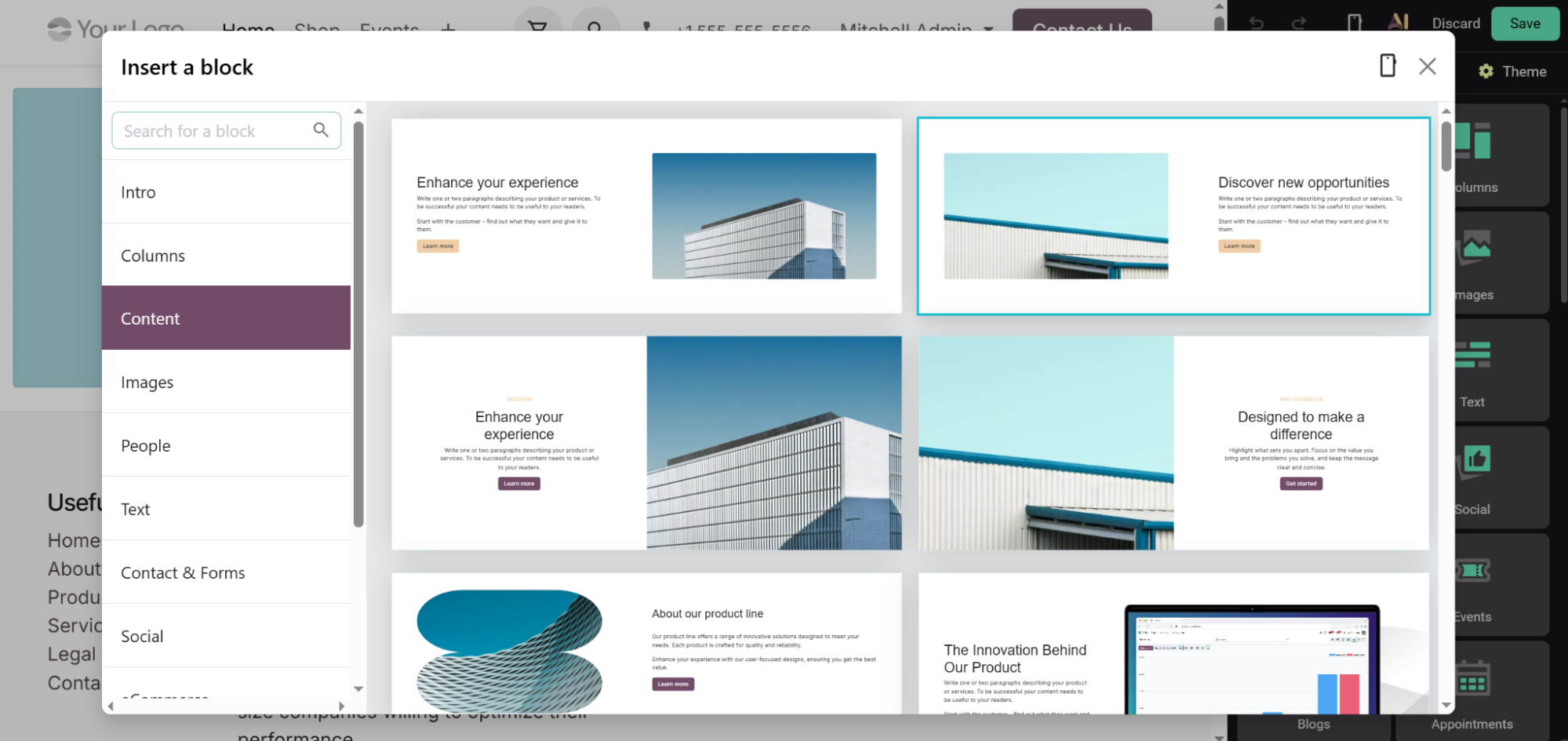Odoo website builder with the insert-a-block panel open, previewing content layouts before one is dropped onto the page