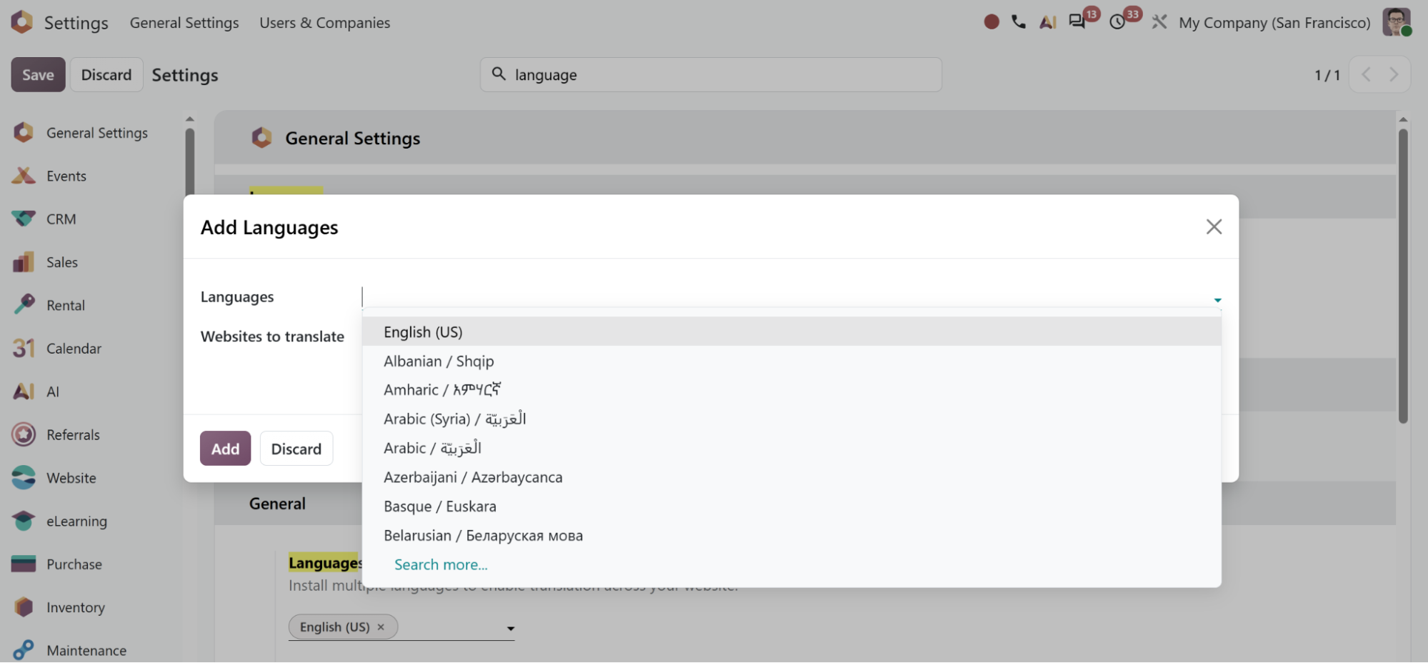 Odoo settings with the add-languages dialog open, listing the languages a website can be translated into