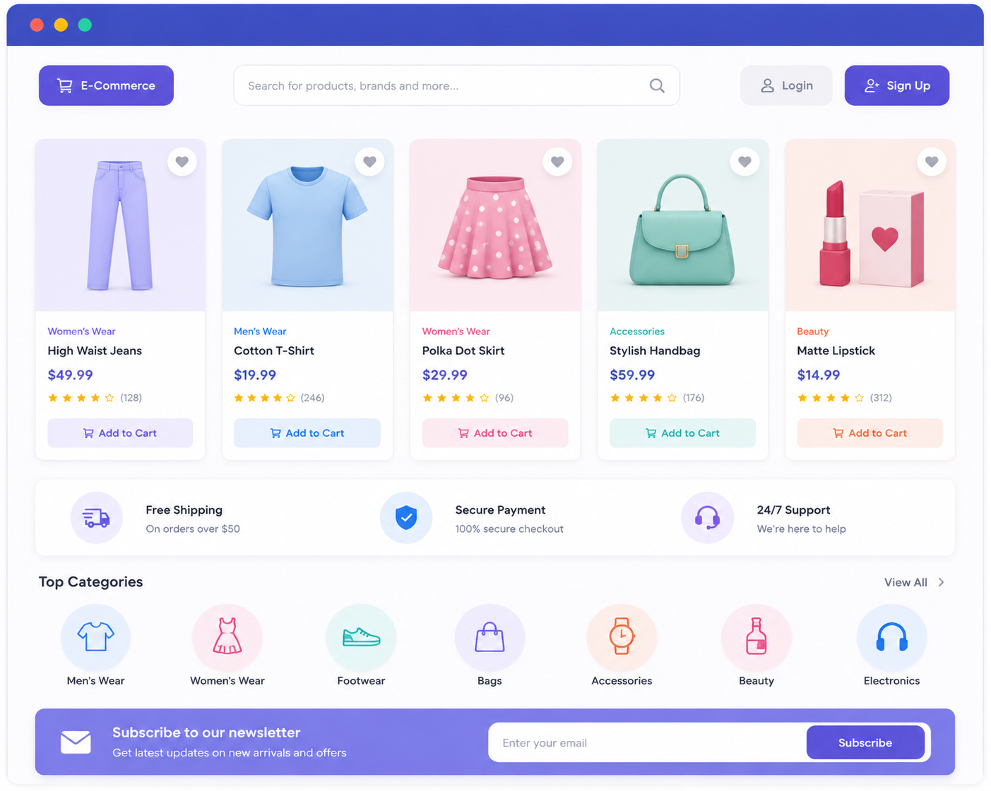 An online shop with product cards, prices, ratings and add to cart buttons, shipping and payment guarantees, category shortcuts and a newsletter sign-up