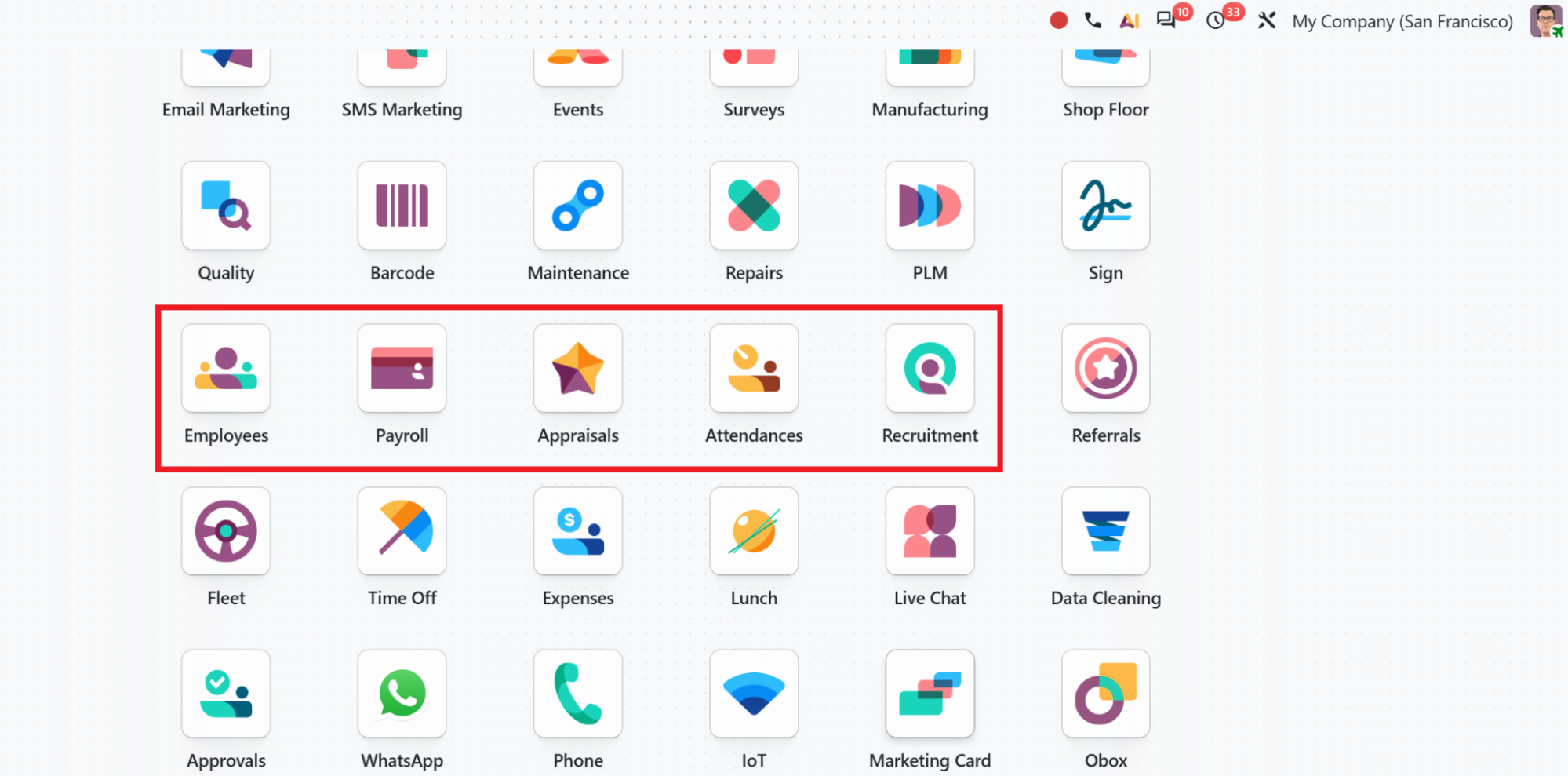 The Odoo apps menu with the HR apps — Payroll, Appraisals, Attendances and Recruitment — highlighted