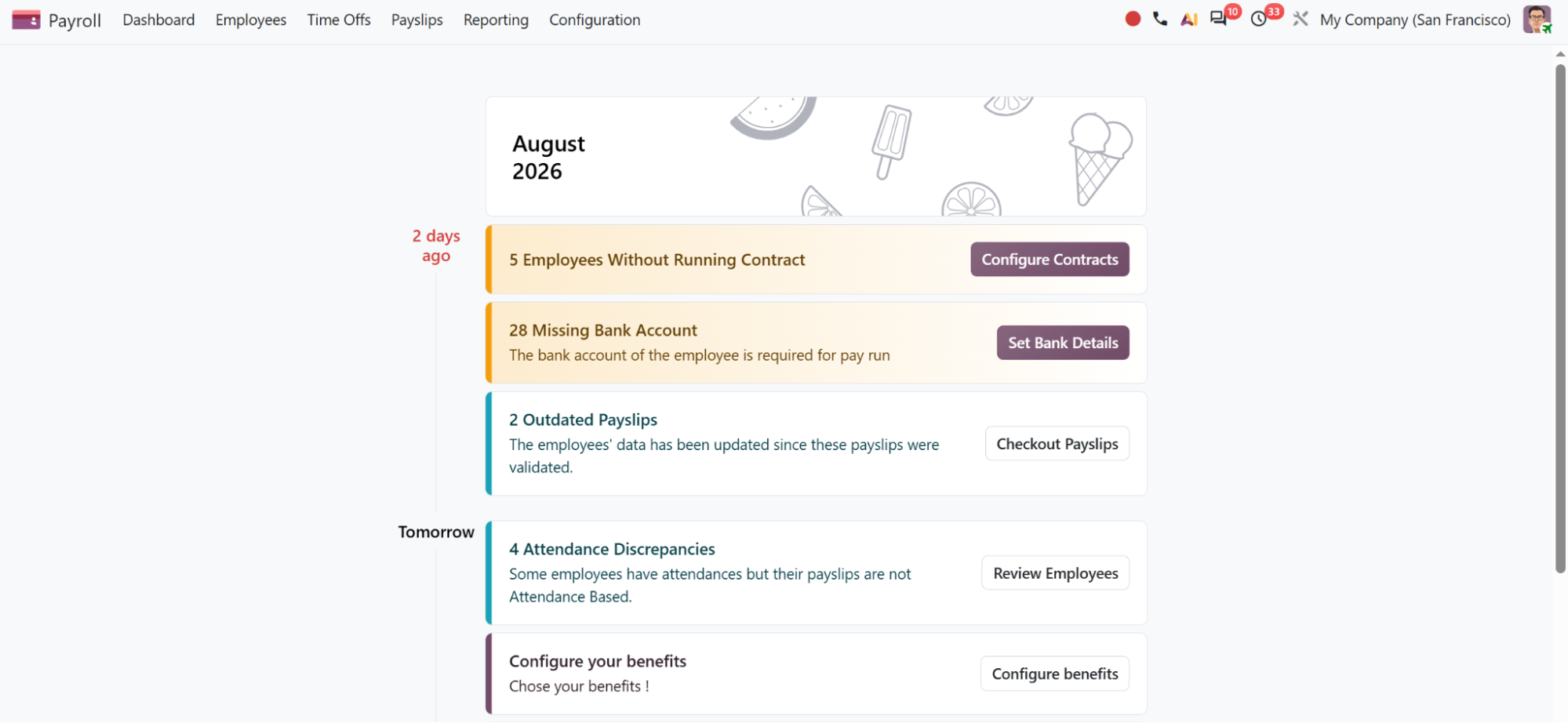 Odoo payroll payslip batches listing employees, periods, wages and their draft, paid or warning status