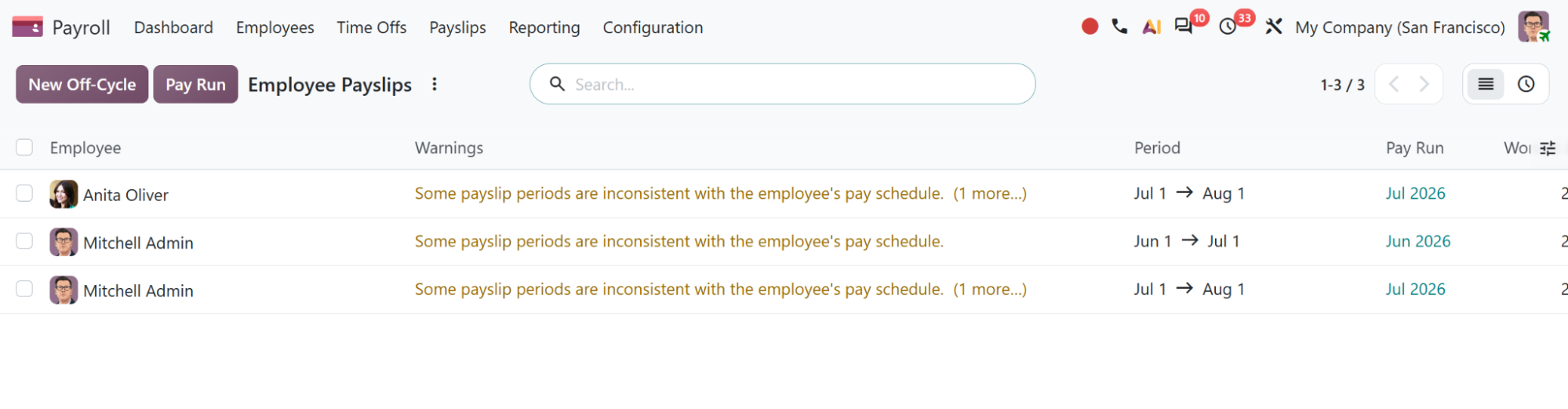 Odoo Payroll dashboard with warnings, pay runs, employer cost and employee count