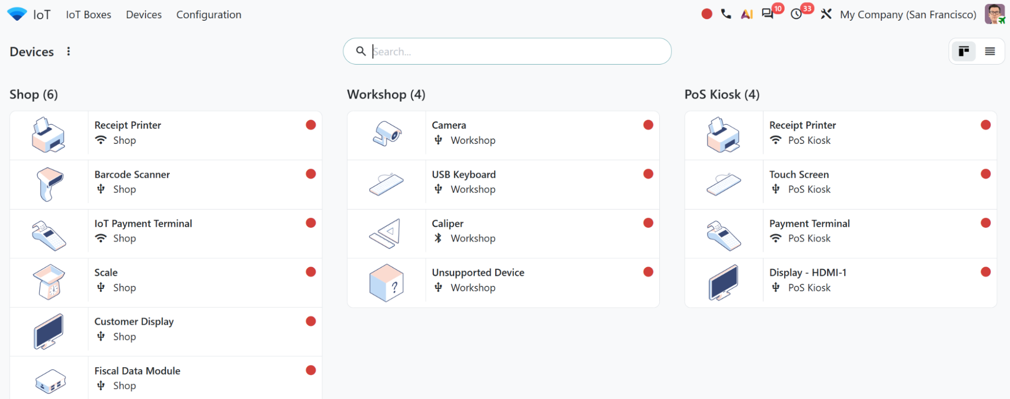 Odoo IoT devices list grouped by shop, workshop and PoS kiosk, showing scales, scanners and printers