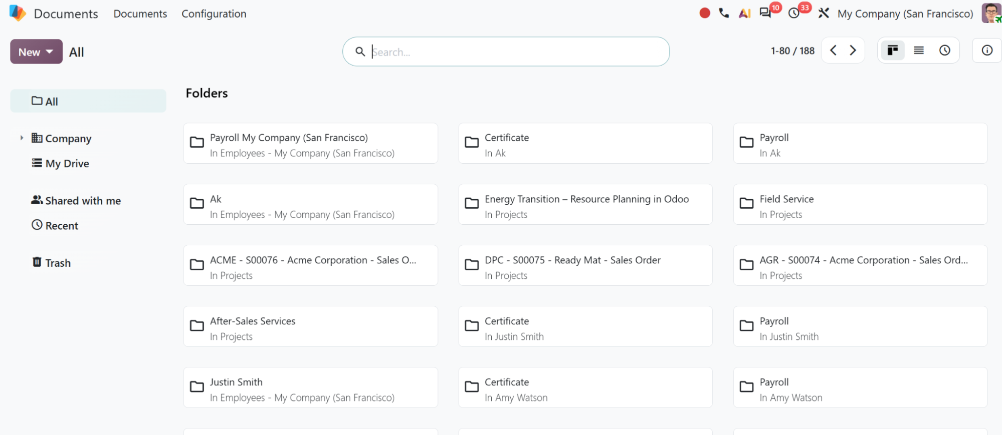 Odoo Documents workspace with folders for contracts, projects, sales and finance