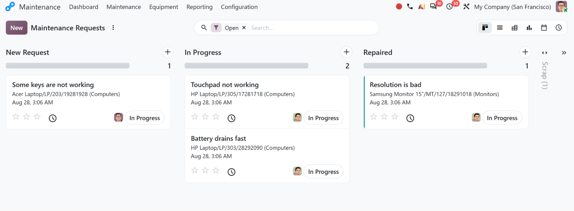 Odoo Maintenance requests kanban moving from new request through in progress to repaired