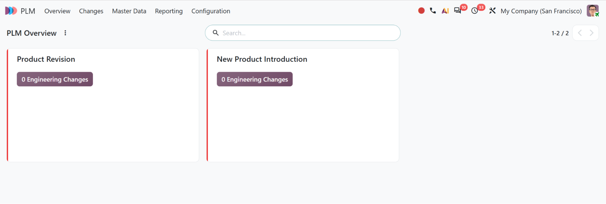 Odoo PLM engineering change order stages from new through in progress, validated and effective