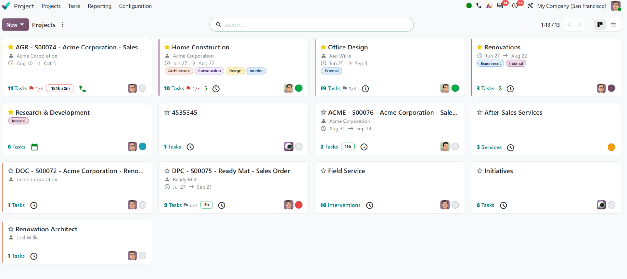 Odoo Project kanban of active projects with task counts and assigned teams