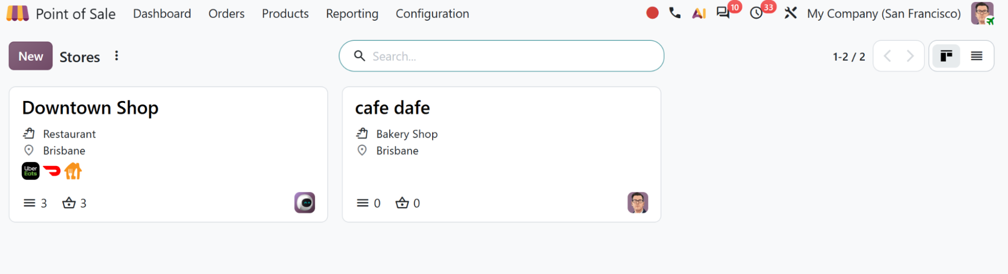 Odoo Point of Sale stores list with a card per store showing its shop type, city and configured payment methods