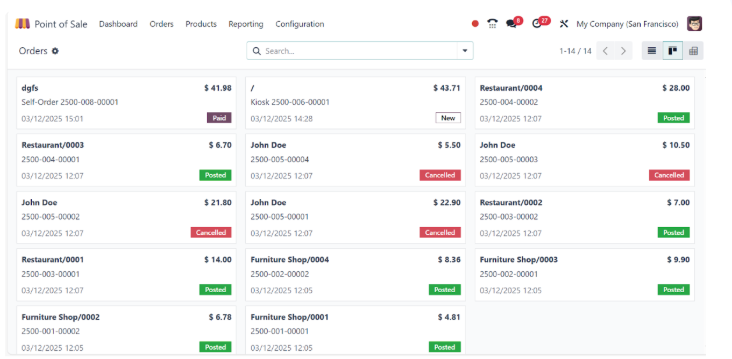 Odoo Point of Sale orders list with paid, posted and cancelled tickets from several outlets