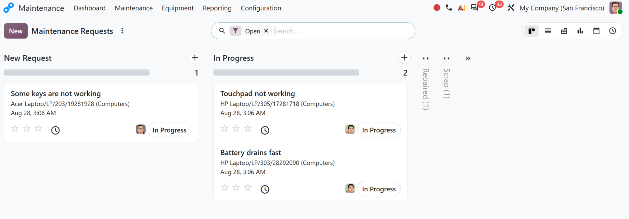 Odoo maintenance requests board with jobs in new request, in progress, repaired and scrap columns