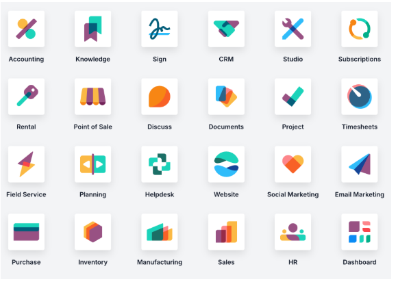 The Odoo app catalogue — Accounting, CRM, Point of Sale, Inventory, Sales, Purchase, Website, Manufacturing, HR and more
