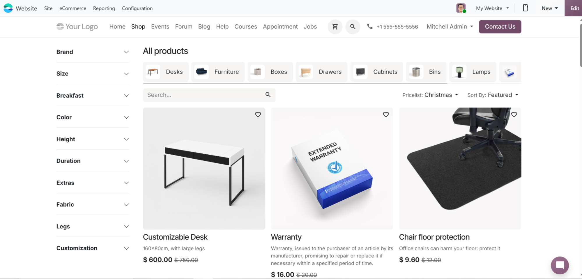 Odoo eCommerce shop page listing all products with filters for brand, size, colour, height and fabric beside product cards with prices