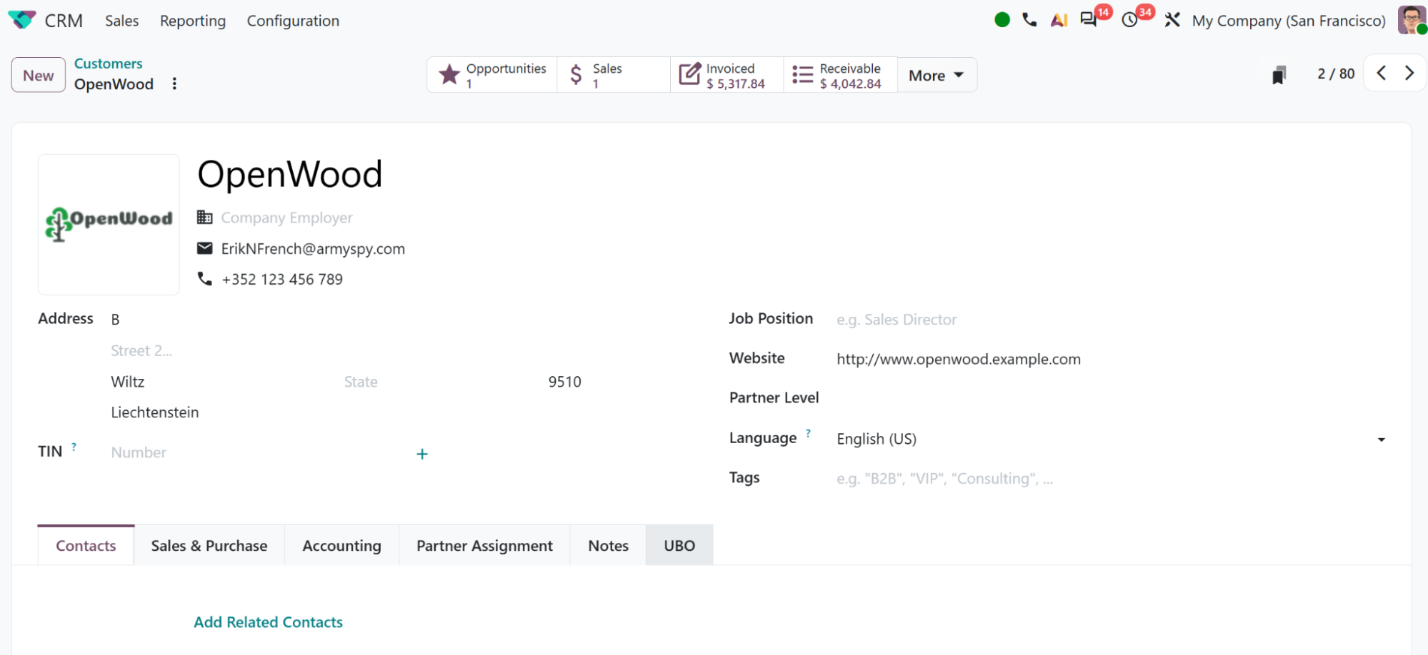 Odoo CRM record for a customer company showing counters for opportunities, sales, invoiced and receivable amounts alongside its address, website and contact tabs