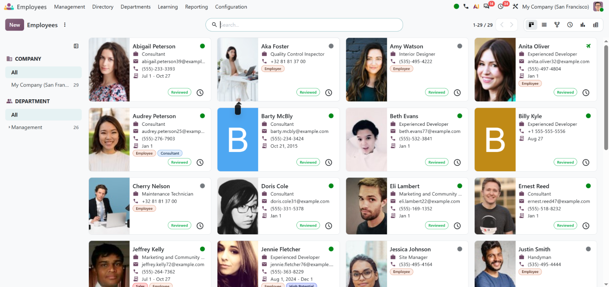 Odoo Employees directory as a card view with each employee's photo, job title, work email and phone, filtered by company and department