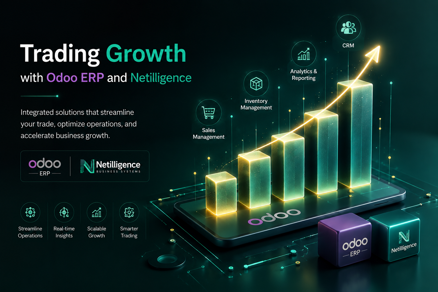 Trading Growth with Odoo ERP and Netilligence — integrated solutions that streamline your trade, optimize operations and accelerate business growth, shown as a rising bar chart linked to Sales Management, Inventory Management, Analytics and Reporting and CRM